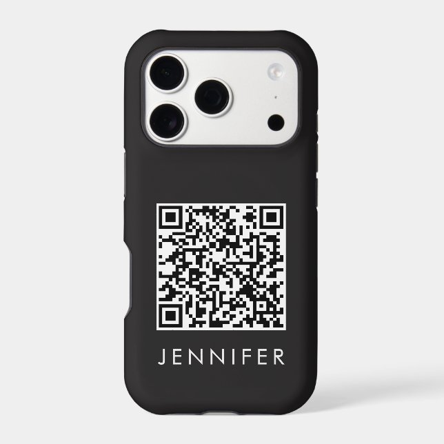 Modern Minimalist Black Executive QR Code Monogram iPhone Case (Back)