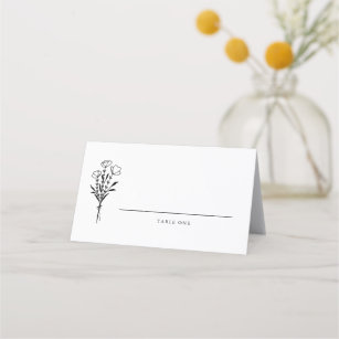 Modern Minimalist Black Floral Bouquet Wedding  Place Card