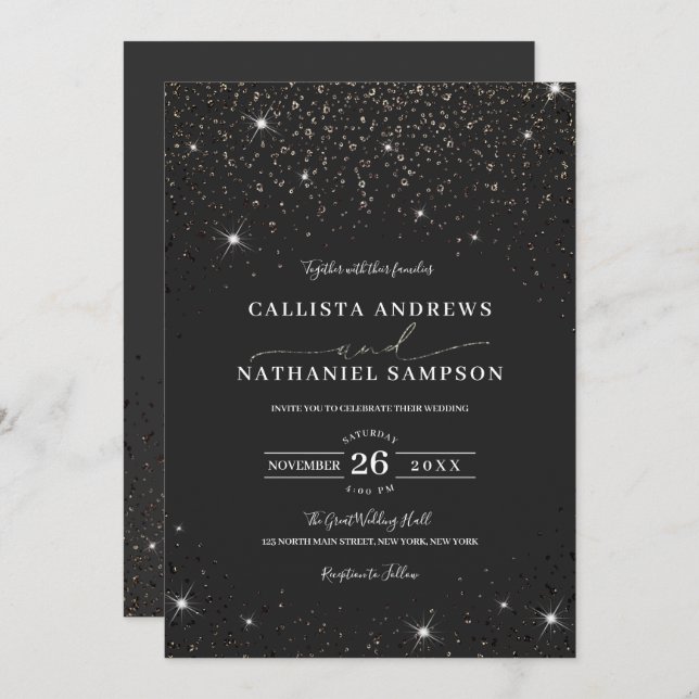 Modern Minimalist Black Glitter Confetti Wedding Invitation (Front/Back)