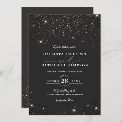 Modern Minimalist Black Glitter Confetti Wedding Invitation