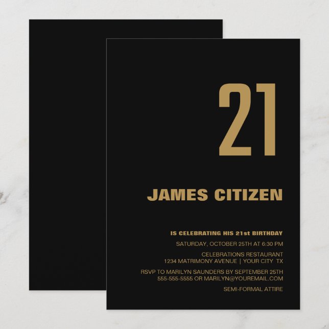 Modern Minimalist Black Gold 21st Birthday Party Invitation (Front/Back)