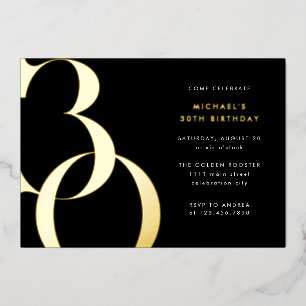 Modern Minimalist Black Gold 30th Birthday Party Foil Invitation