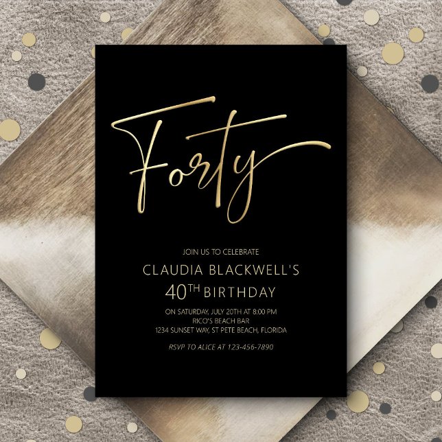 Modern Minimalist Black Gold 40th Birthday Invitation (Creator Uploaded)