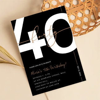 Modern Minimalist Black & Gold 40th Birthday Party Invitation