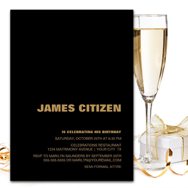 Modern Minimalist Black Gold Birthday Party Invitation (Creator Uploaded)