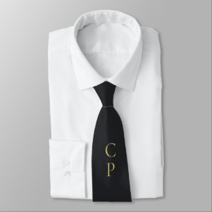 Modern Minimalist Black & Gold Color Monogrammed Neck Tie