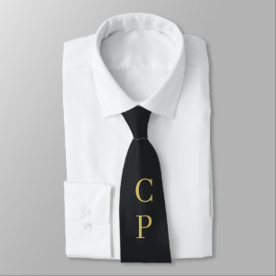 Modern Minimalist Black & Gold Color Monogrammed Neck Tie