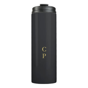 Modern Minimalist Black & Gold Color Monogrammed Thermal Tumbler