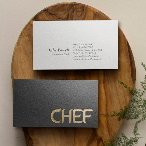 Modern Minimalist Black  Gold Embossed Text Chef Business Card