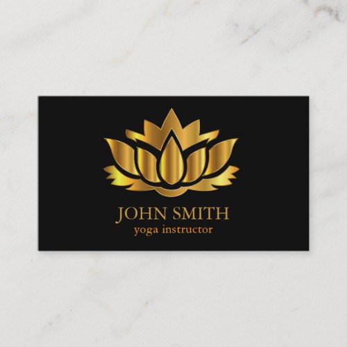 Modern Minimalist Black Gold Lotus Yoga Instructor Business Card