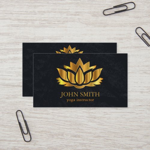 Modern Minimalist Black Gold Lotus Yoga Instructor Business Card