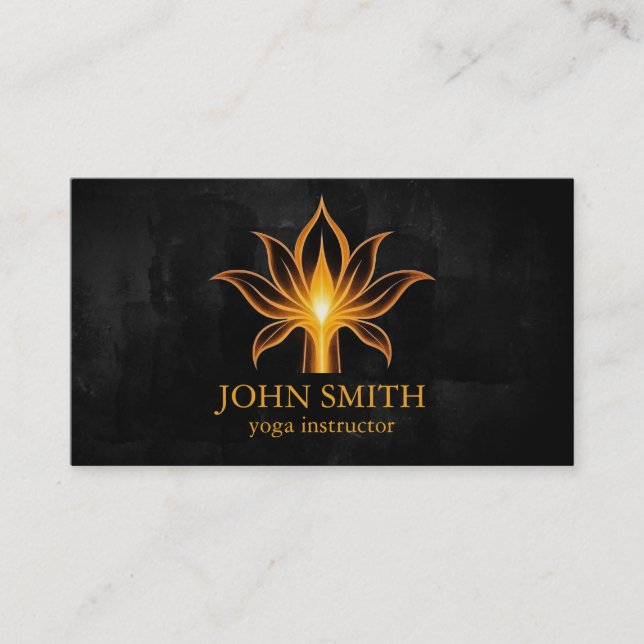Modern Minimalist Black Gold Lotus Yoga Instructor Business Card (Front)