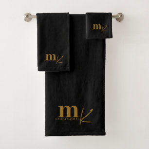 Modern Minimalist Black Gold Monogram Bath Towel Set