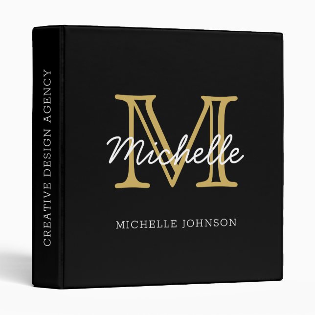 Modern Minimalist Black Gold Monogram Professional 3 Ring Binder (Front/Spine)