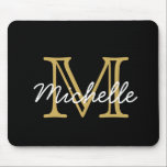 Modern Minimalist Black Gold Monogram Script Mouse Pad<br><div class="desc">Modern,  minimalist black and gold personalized name monogrammed mouse pad. It features a monogram initial in serif style font and pretty handwritten first name text template in gold,  white color on black background. Great girly,  feminine personalized gift. If you need help or matching items,  please contact to me.</div>
