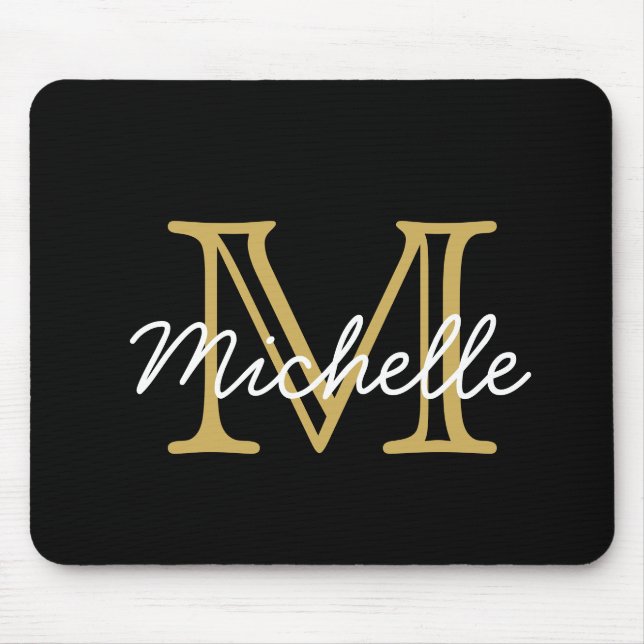 Modern Minimalist Black Gold Monogram Script Mouse Pad (Front)