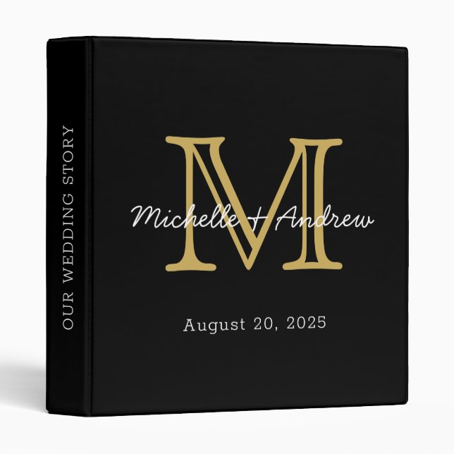 Modern Minimalist Black Gold Monogram Wedding 3 Ring Binder (Front/Spine)
