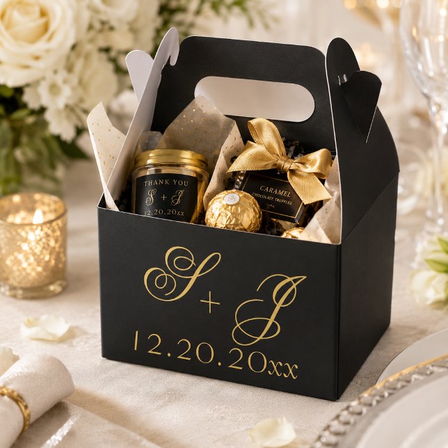 Modern Minimalist Black Gold Monogram Wedding  Favor Boxes (Creator Uploaded)