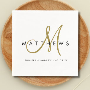 Modern Minimalist Black Gold Monogram Wedding Napkins