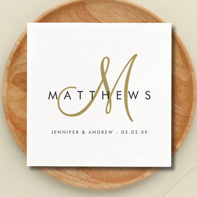 Modern Minimalist Black Gold Monogram Wedding Napkins (Creator Uploaded)