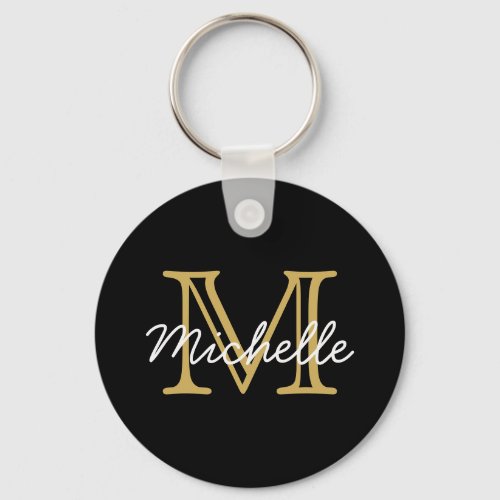 Modern Minimalist Black Gold Name Monogram Keychain