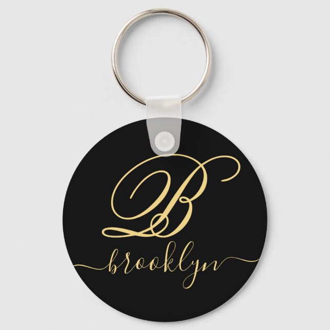 Modern Minimalist Black Gold Name Monogram Keychain (Front)
