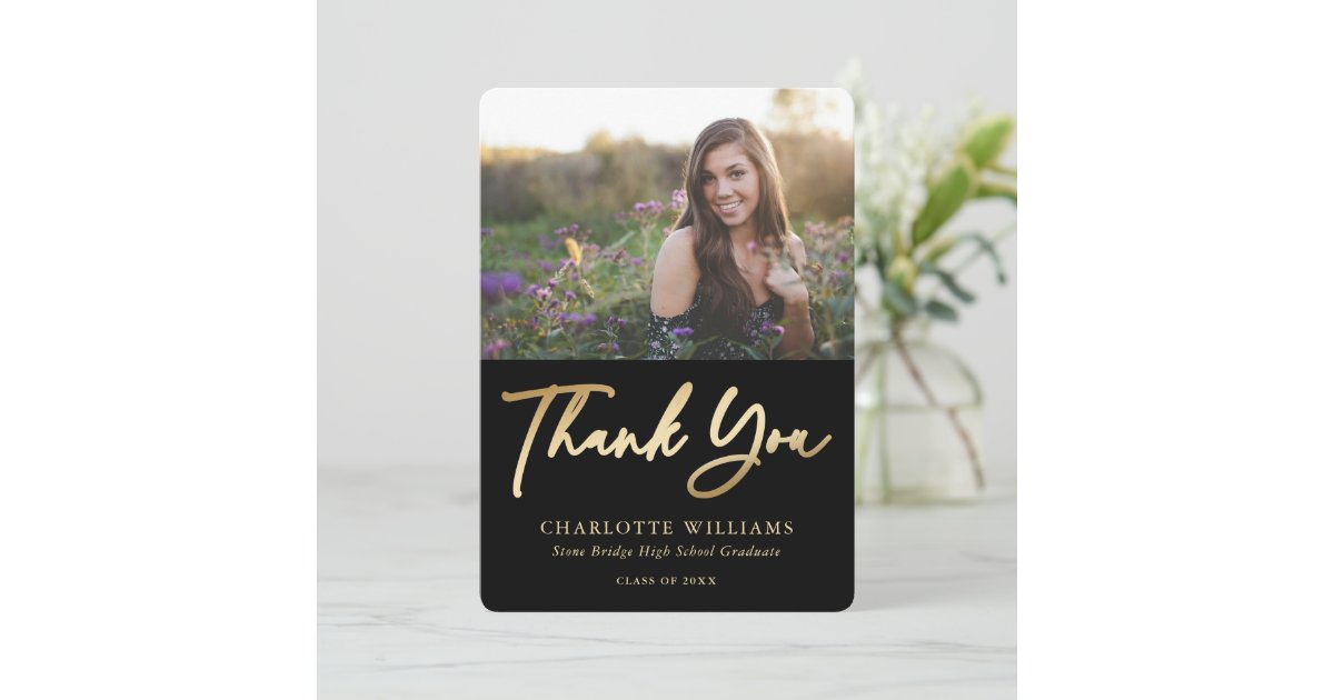 Modern Minimalist Black Gold Photo Graduation Thank You Card | Zazzle