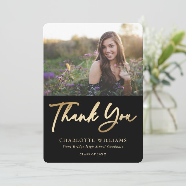Modern Minimalist Black Gold Photo Graduation Thank You Card (Standing Front)