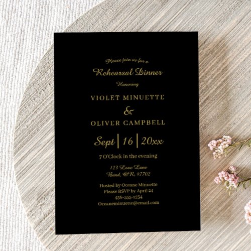 Modern Minimalist  Black Gold Rehearsal Dinner Invitation