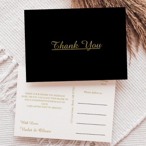 Modern Minimalist  Black Gold Wedding Thank You Postcard