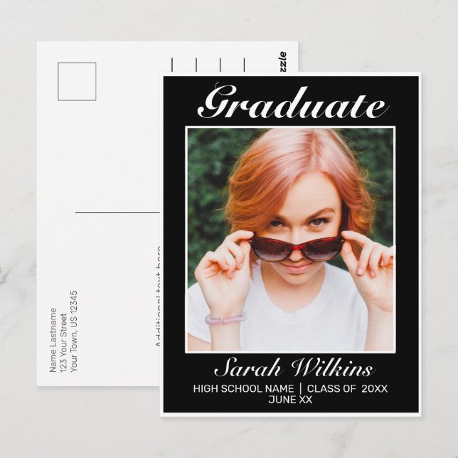 Modern Minimalist Black Graduation Announcement Postcard (Front/Back)