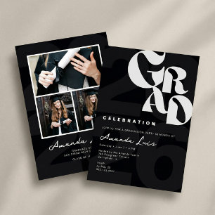 Modern Minimalist Black Graduation Photo Collage Invitation