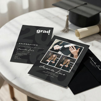 Modern Minimalist Black Graduation Photo Collage   Invitation