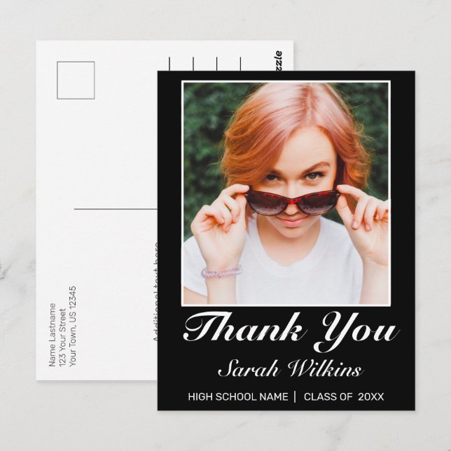Modern Minimalist Black Graduation Photo Thanks Postcard (Front/Back)