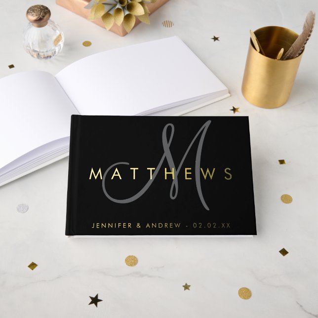 Modern Minimalist Black Grey Monogram Wedding Gold Foil Guest Book (Front Open)