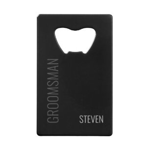 Modern Minimalist Black Groomsman Personalized Credit Card Bottle Opener