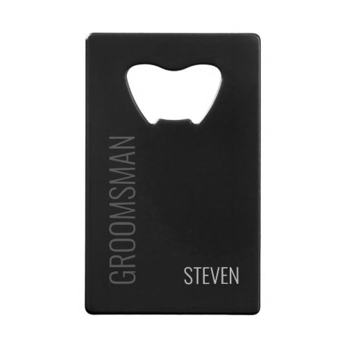 Modern Minimalist Black Groomsman Personalized Credit Card Bottle Opener