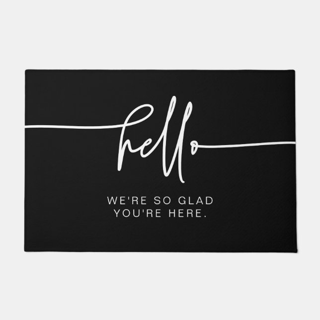 Modern Minimalist Black Hello So Glad You're Here Doormat (Front)