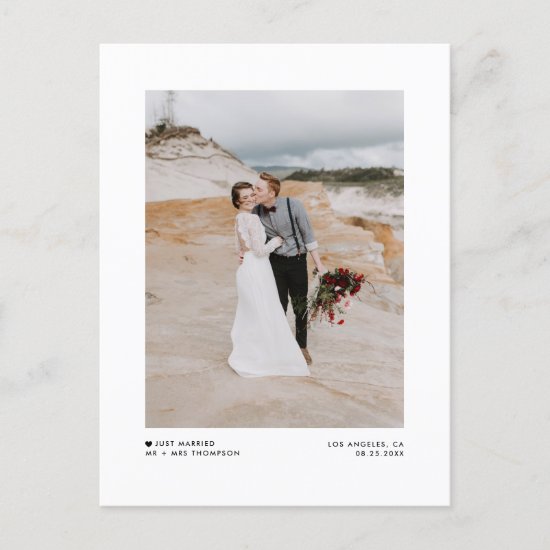 Modern Minimalist Black Just Married Photo Wedding Announcement Postcard