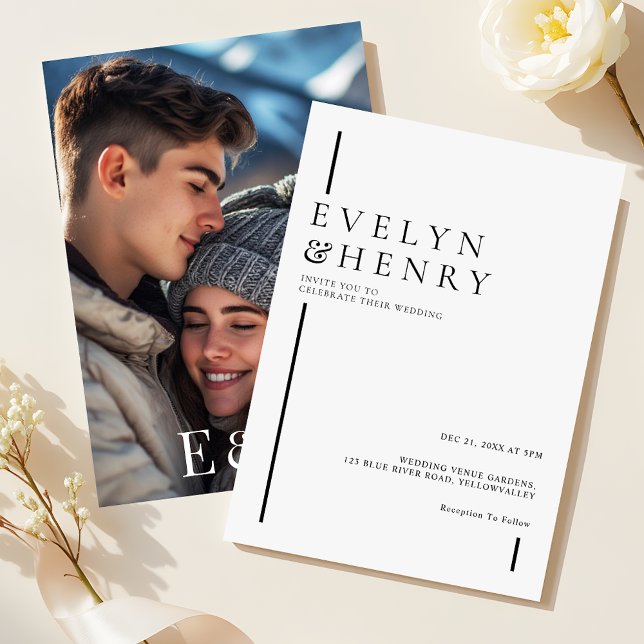 Modern Minimalist Black Line Photo Wedding Invitation (Creator Uploaded)