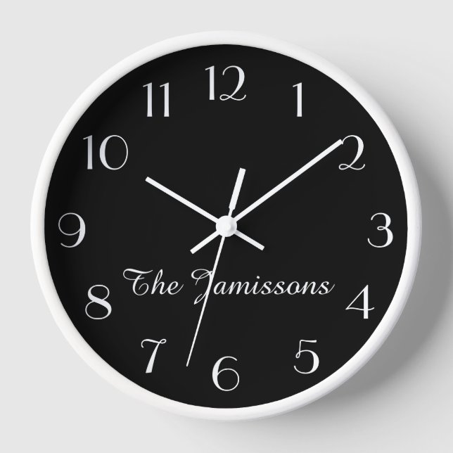 Modern Minimalist Black Name White Trim Wall Clock (Front)