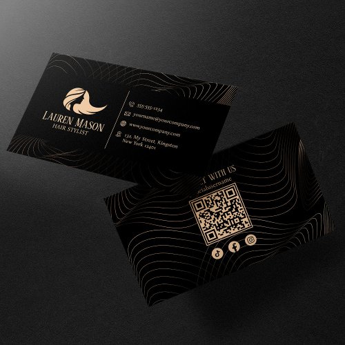 Modern Minimalist Black Peach Hair Stylist QR Code Business Card