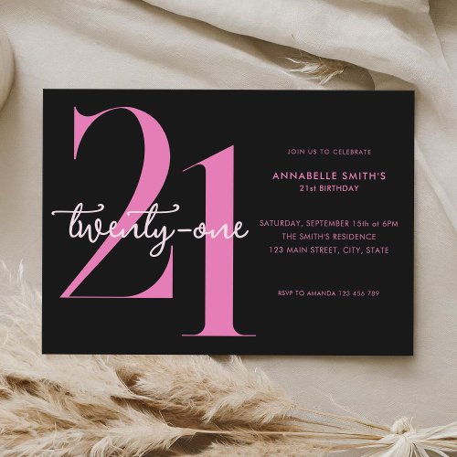 Modern Minimalist Black Pink 21st Birthday Invitation