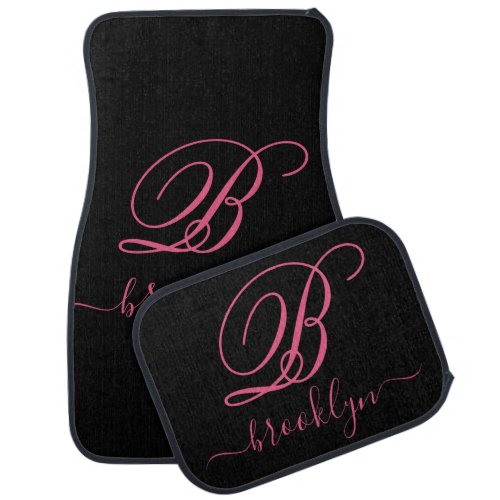 Modern Minimalist Black Pink Name Monogrammed Car Floor Mat