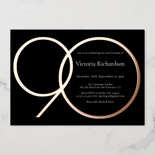 Modern Minimalist Black Rose Gold 90th Birthday Foil Invitation