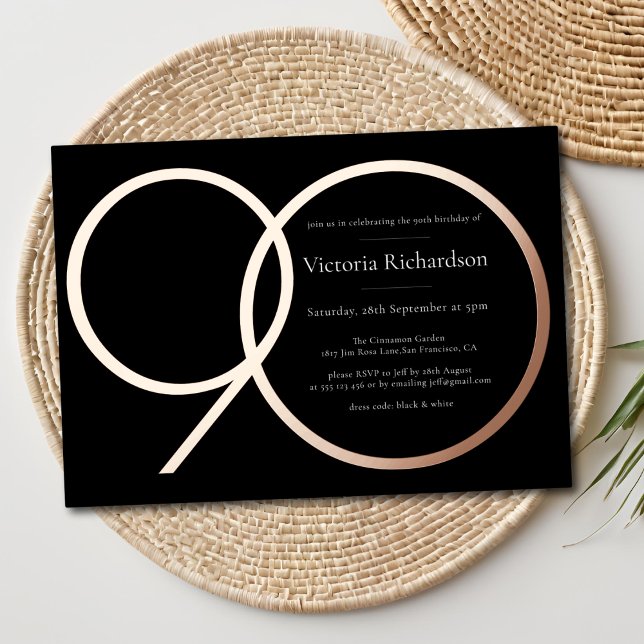 Modern Minimalist Black Rose Gold 90th Birthday Foil Invitation (Modern Minimalist Black Rose Gold 90th Birthday Foil Invitation)