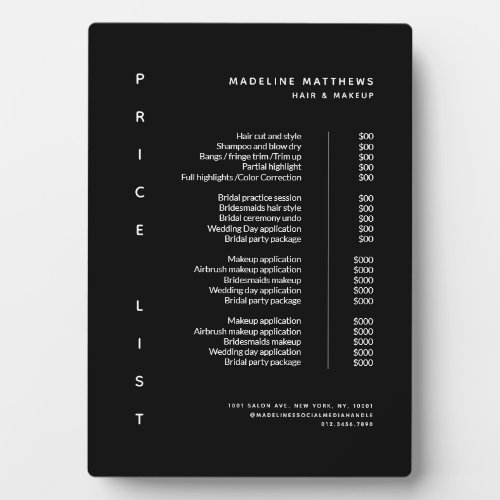 Modern Minimalist Black Salon Price List Service Plaque