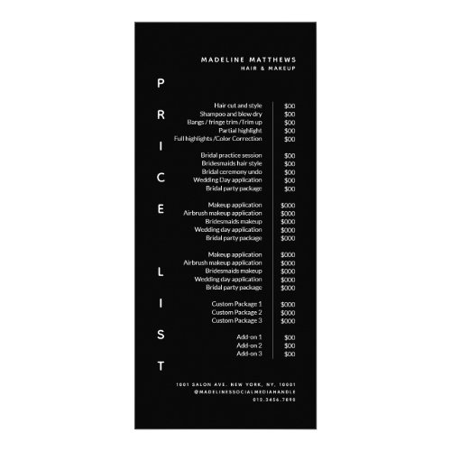 Modern Minimalist Black Salon Price List Service Rack Card