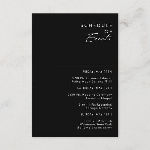 Modern Minimalist  Black Schedule of Events Card