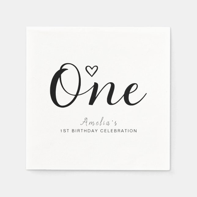 Modern Minimalist Black Script 1st Birthday Napkins (Front)